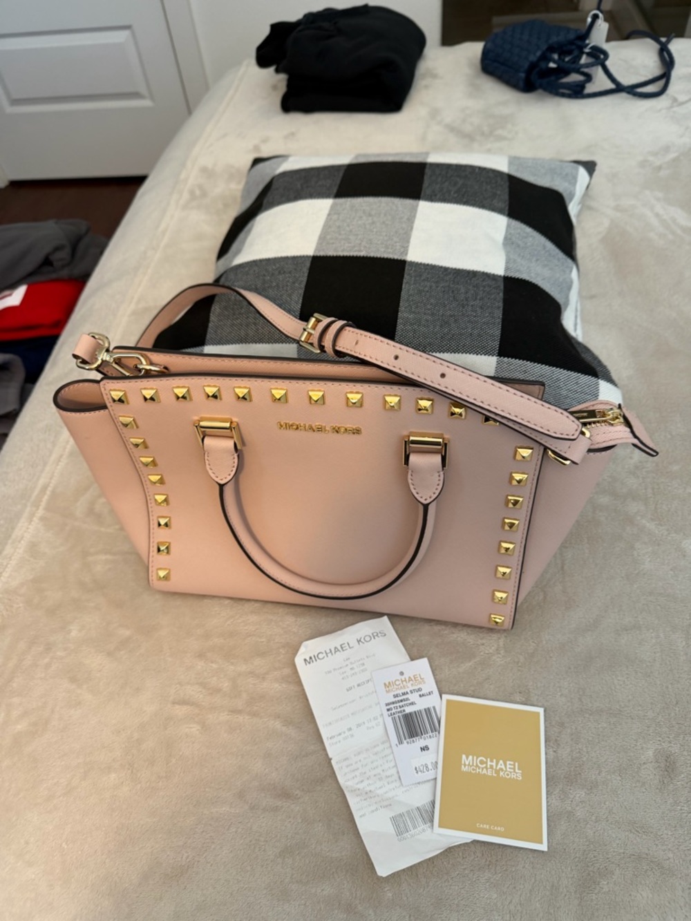 Michael Kors Blush Pink Studded Saffiano Satchel with Crossbody Strap - Picture 5 of 6